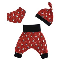 3-tlg Pumphose-Mütze-Tuch Set Süße Pinguine Weihnachten rot