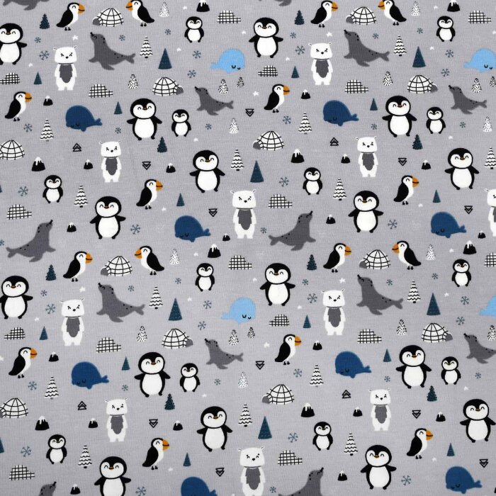 Baumwolljersey Pinguin, Eisbär & Wal "Süße Polarfreunde" hellgrau