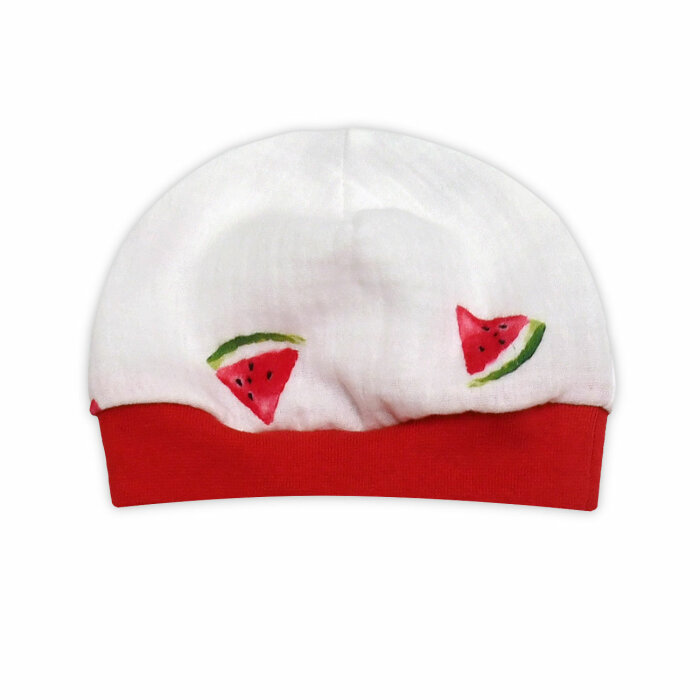 Musselin Mütze mit Bündchen "Wassermelone" weiß-rot