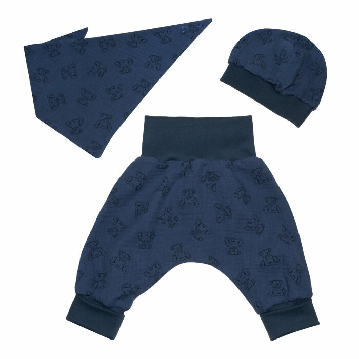 3-tlg  Musselin-Set Pumphose-Mütze-Tuch Erstlingsoutfit "Süße Elefanten" jeansblau