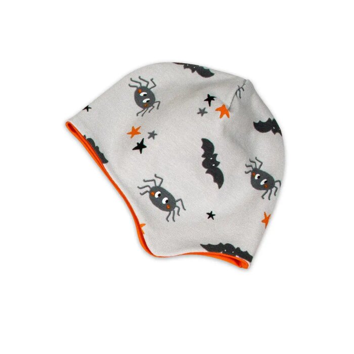 Mütze Beanie mit Ohrenschutz "Halloween-Freunde" Spinne & Fledermaus orange