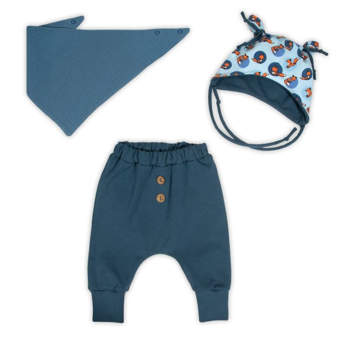 3-tlg Geschenkset Erstlingsoutfit Babyhose + Ohrenmütze + Tuch  "Kleiner Fuchs" blau