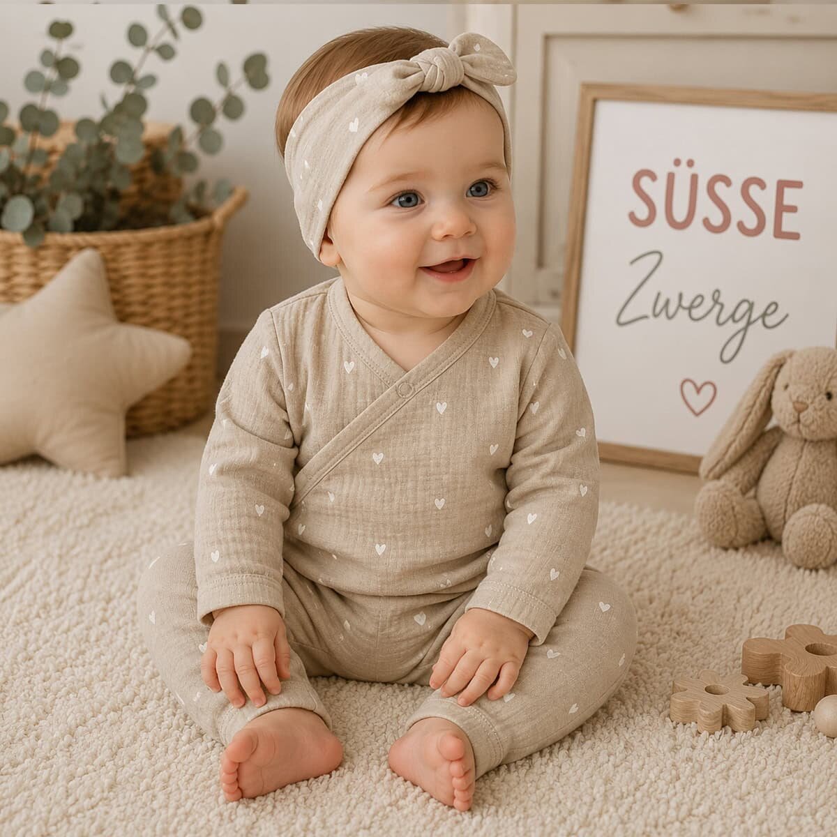 Baby trägt Kleidung aus Musselin Herzchenstoff